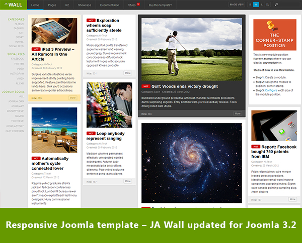 Responsive Joomla template bundle – JA Wall updated for Joomla 3.2