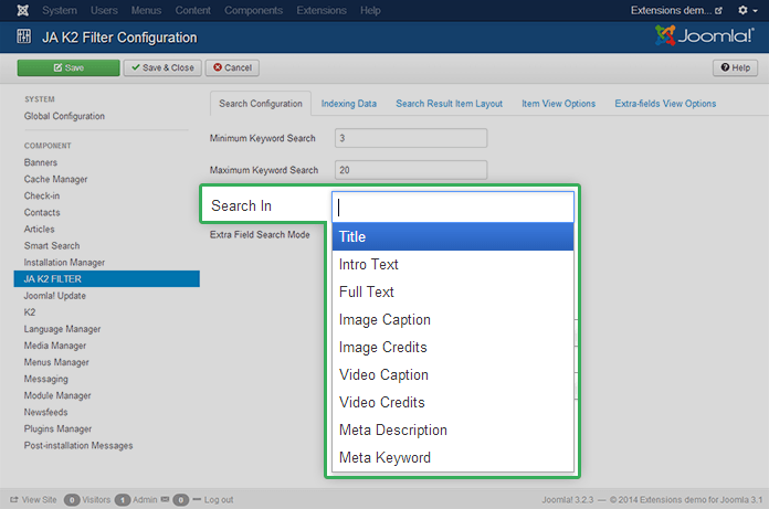 Added “Search In” setting to specify the search fields in JA K2 Filter