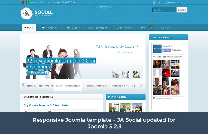 Responsive Joomla template - JA Social updated for Joomla 3.2