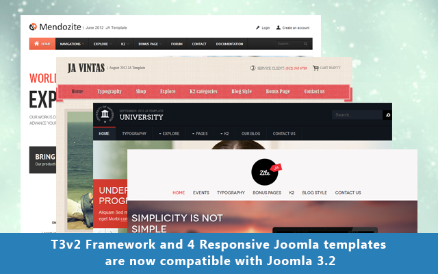 4 more Joomla templates and T3v2 Framework updated for Joomla 3.2
