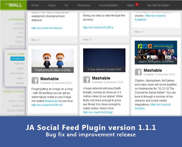 Joomla Extension: JA Social Feed Plugin version 1.1.1 - Bug fix and improvement release