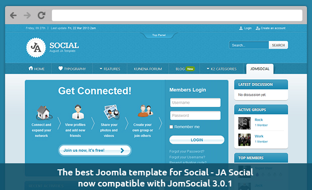 The best Joomla template for Social - JA Social now compatible with JomSocial 3.0.1