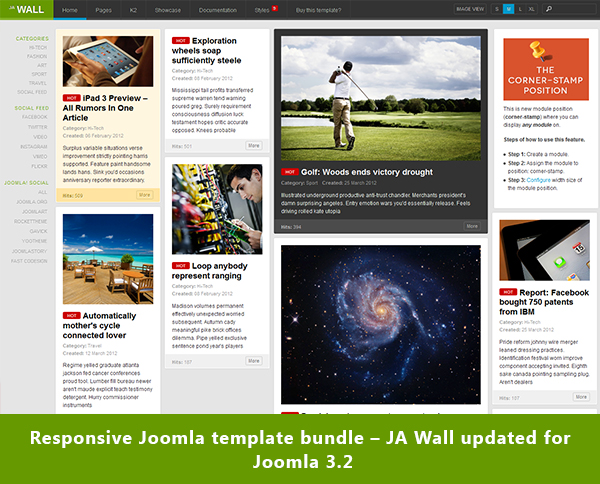 Responsive Joomla template bundle – JA Wall version 1.1.0 updated for Joomla 3.2