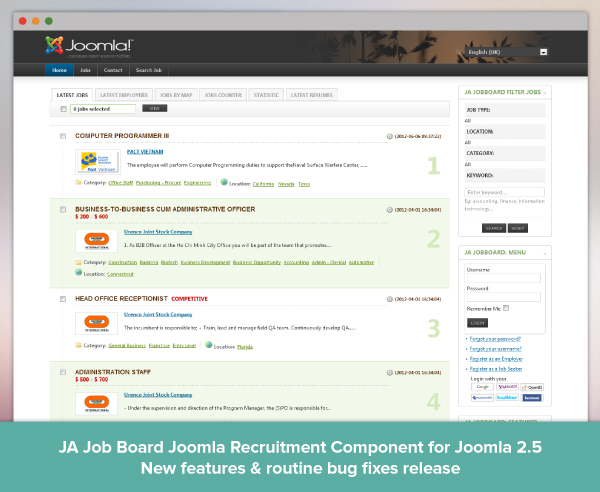 The Powerful Joomla Recruitment Component JA Job Board is updated to version 1.0.5