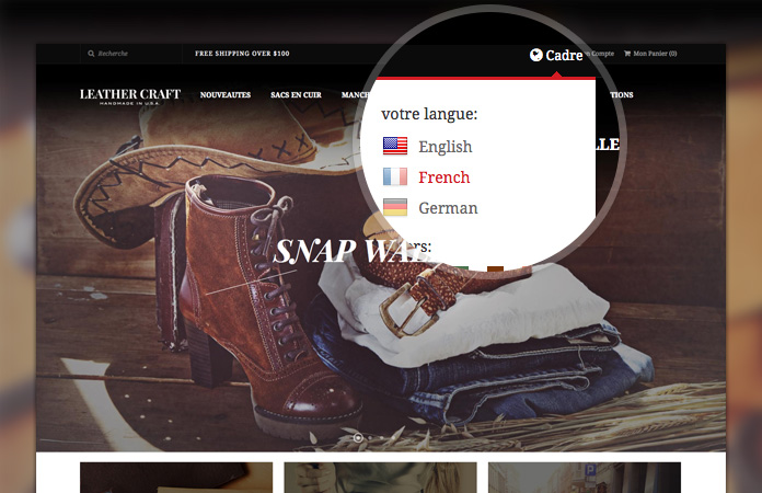 Multiple languages and currencies alternatives in responsive Magento theme JM Leathercraft