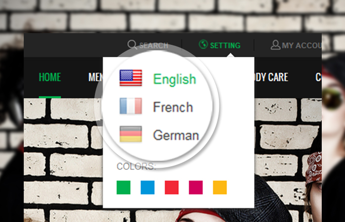multiple languages and currencies choices in responsive Magento theme JM SportsGear