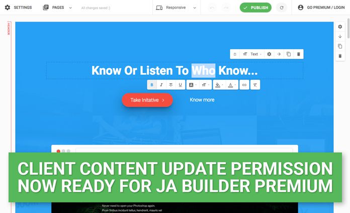 JA Page Builder client content update permission