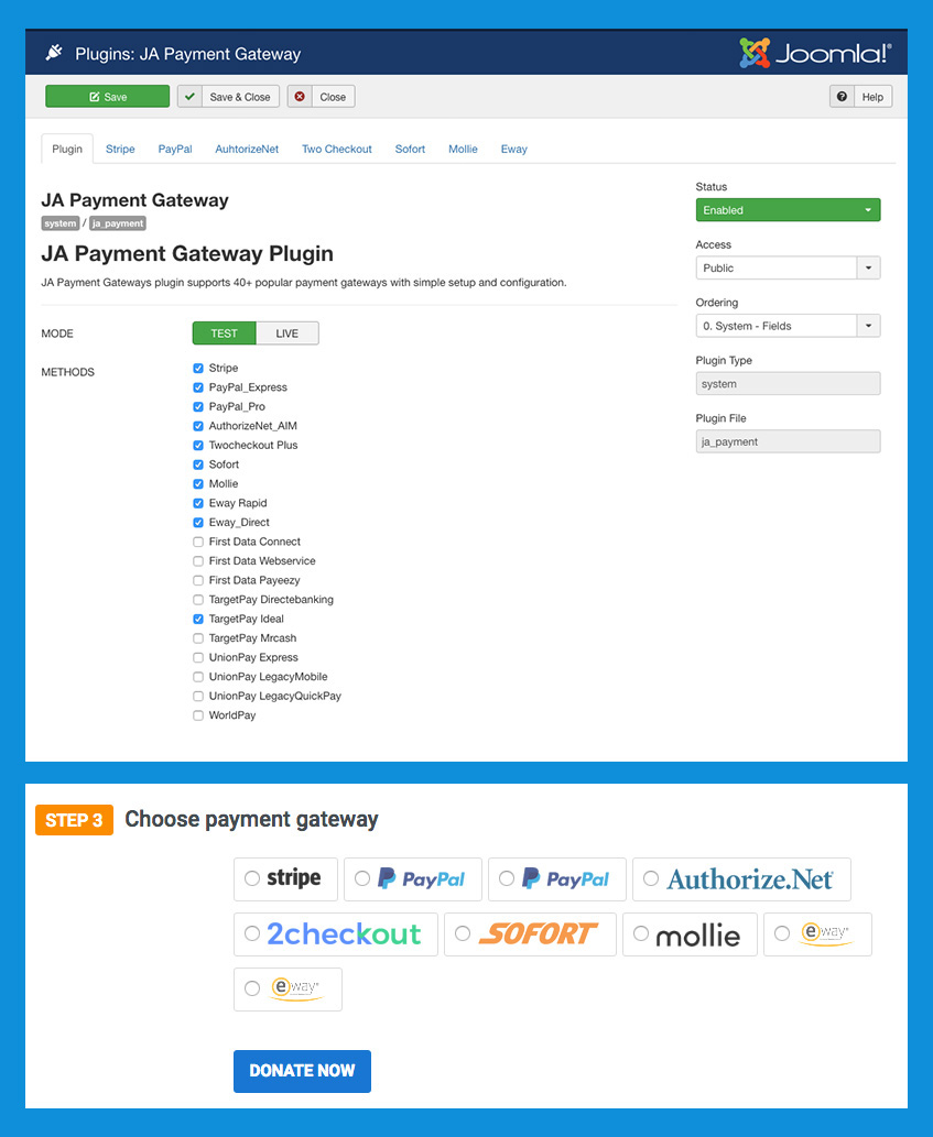 payment gateways for Joomla donation extension DT Donate