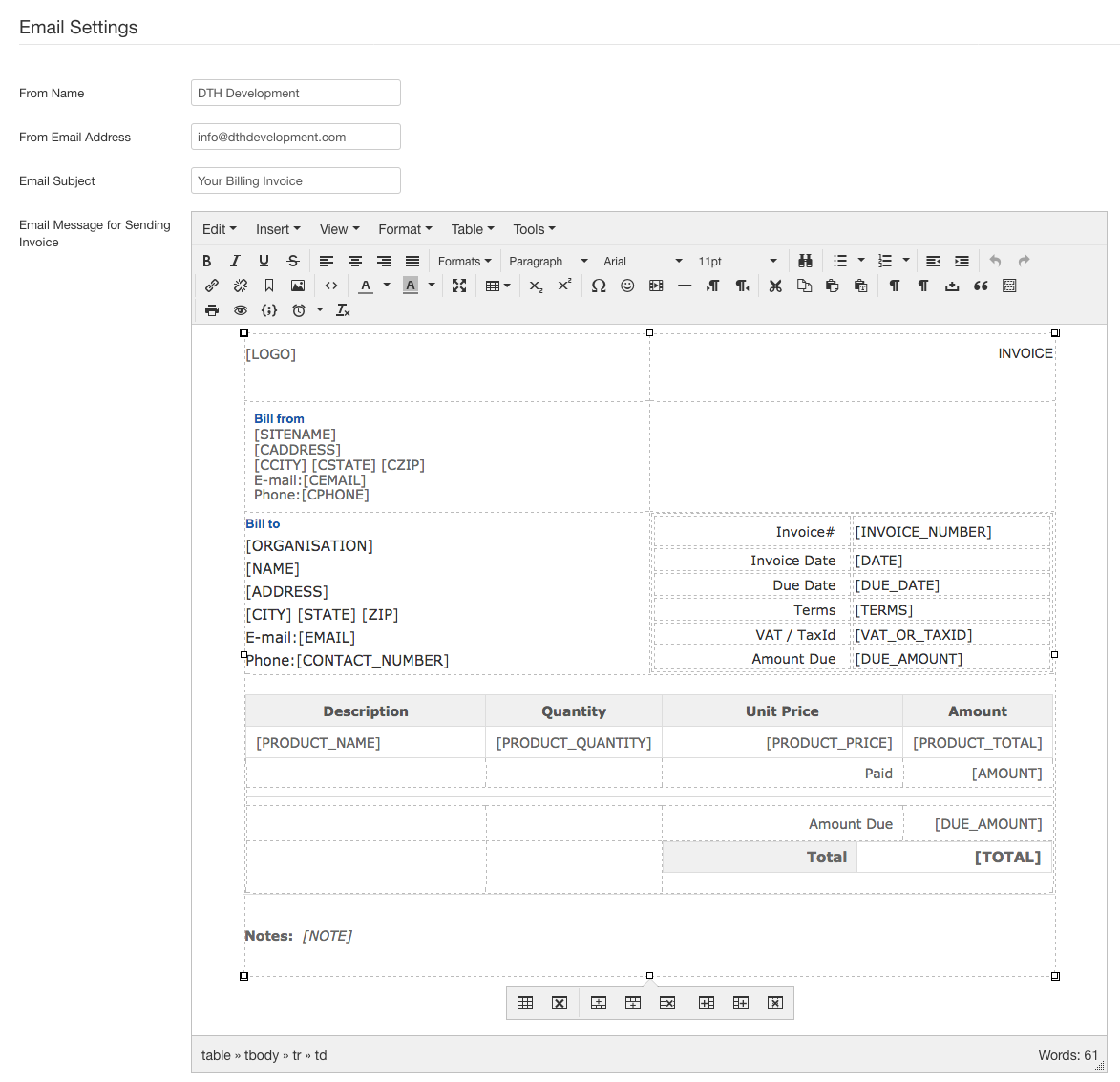 event registration invoice template setting