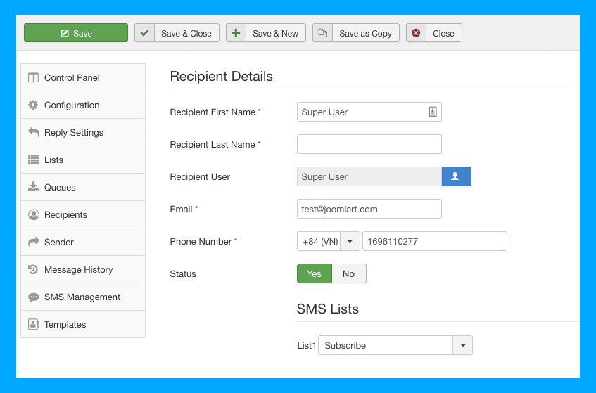DT SMS Joomla automate messages recipients settings