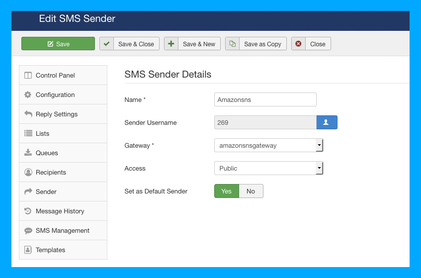 DT SMS Joomla automate messages sender settings
