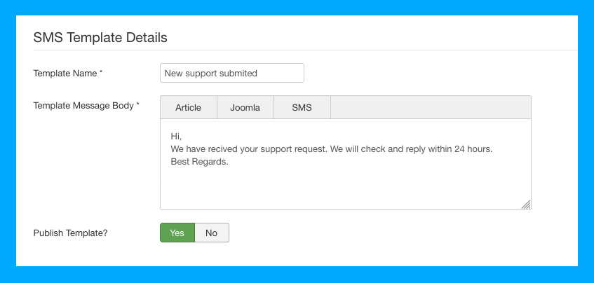 DT SMS Joomla automate messages template settings