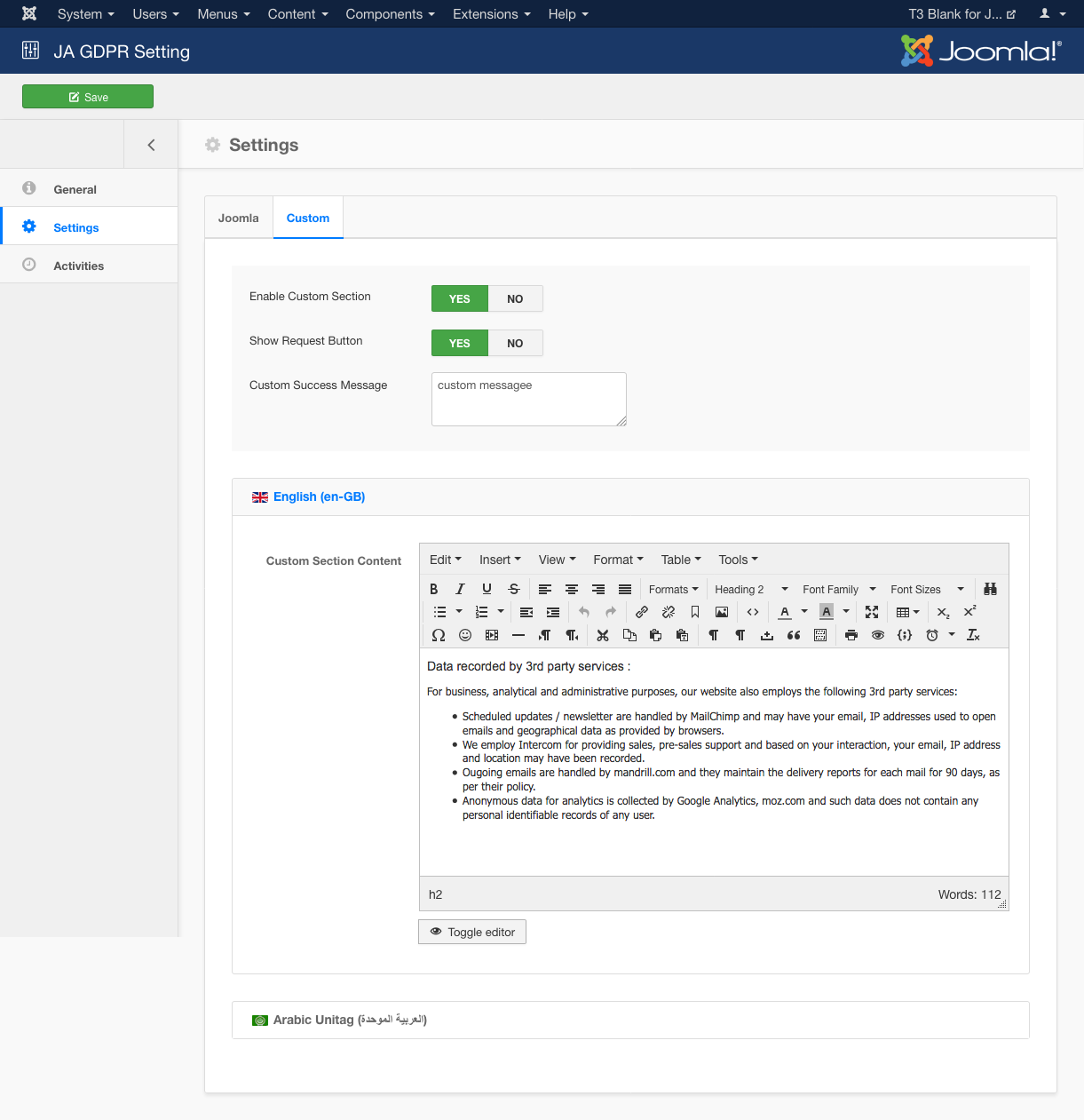 configure custom section of gdpr