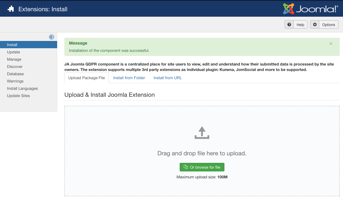 Install JA Joomla GDPR package on your Joomla site
