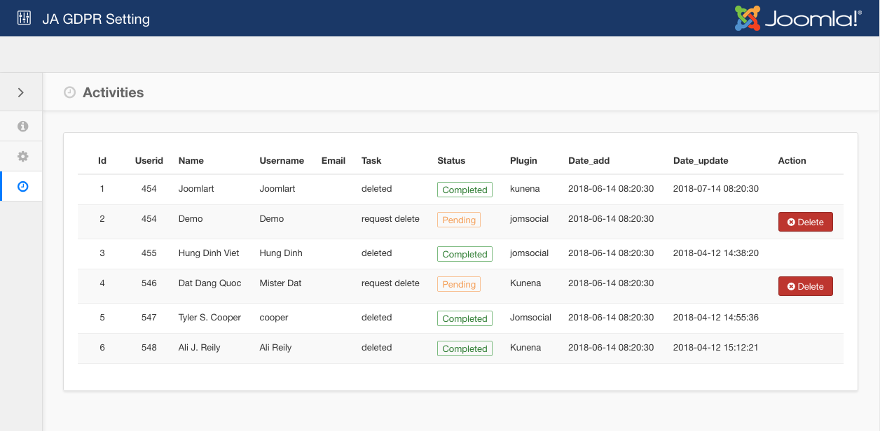 JA Joomla GDPR admin panel