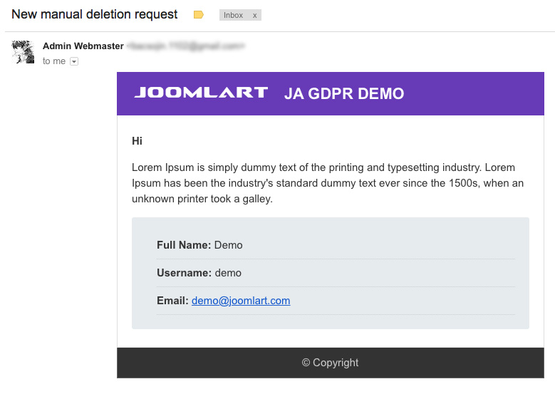 JA Joomla GDPR email template