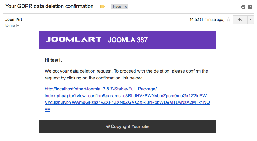 JA Joomla GDPR email confirmation
