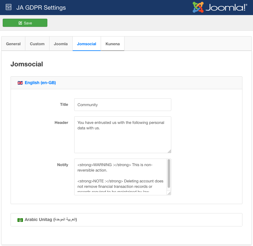 GDPR support for Jomsocial setting
