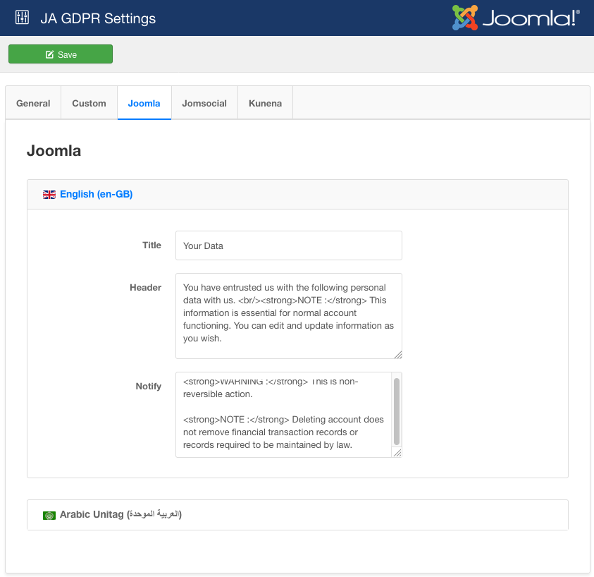 Joomla GDPR back-end settings