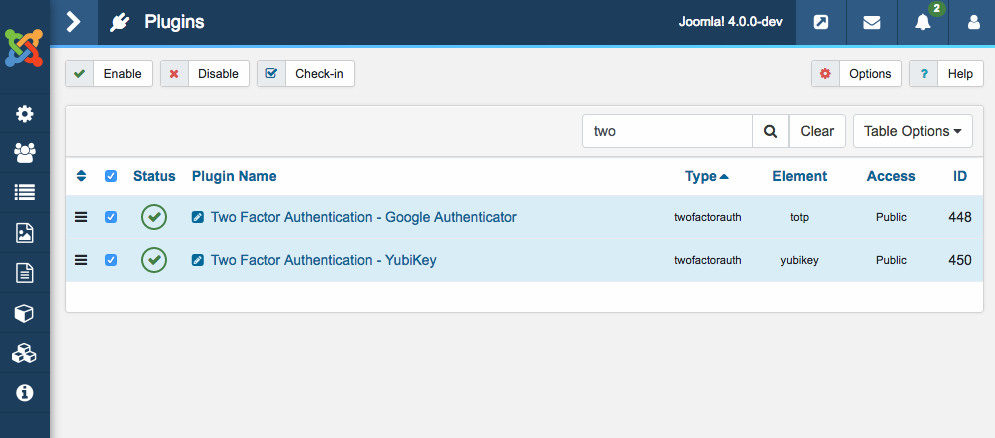 Enable Joomla 4 two factor authentication plugins