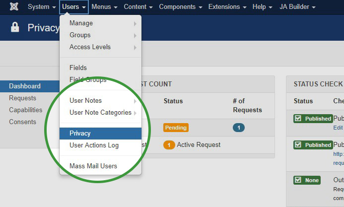 Joomla 3.9 Manage Privacy data and Requests