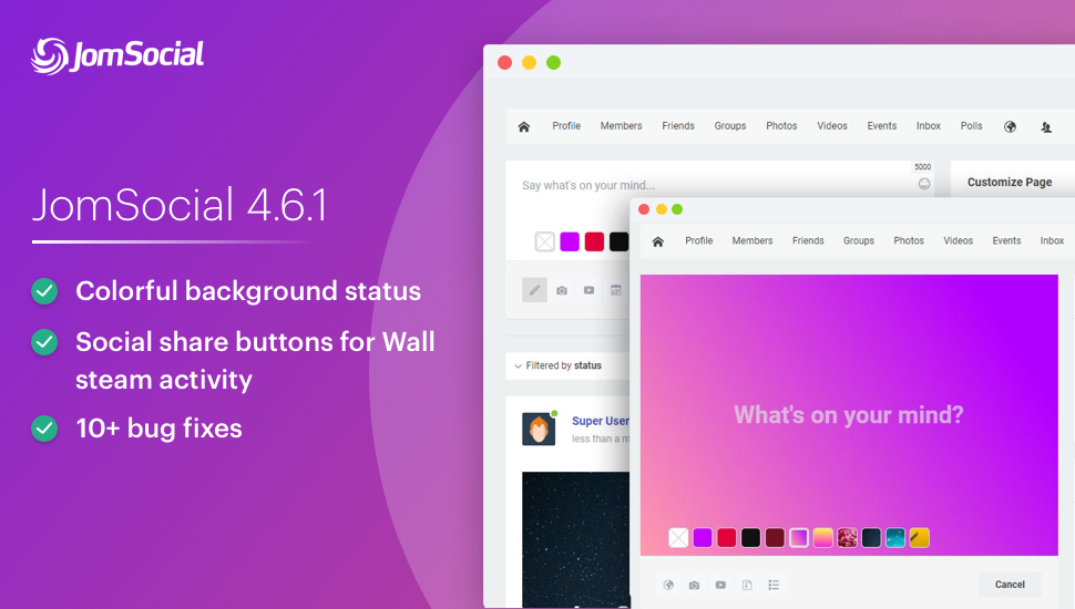 JomSocial 4.6.1 released for colorful status, improved sharing feature and bug fixes