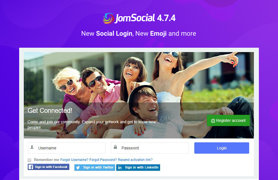 jomsocial Joomla social community extension 4.7.4 released for new emoji and new social login