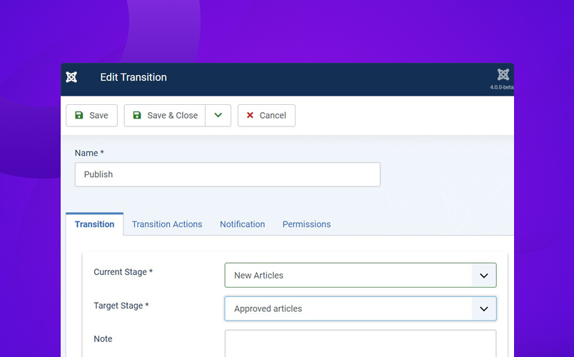 add new transition in Joomla workflow