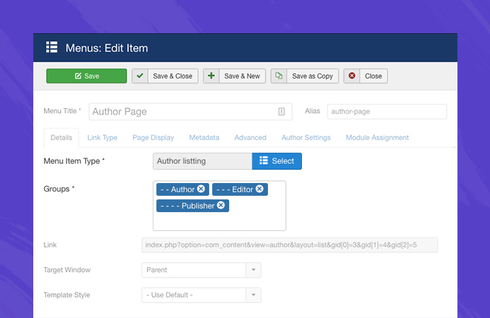 Joomla author page settings