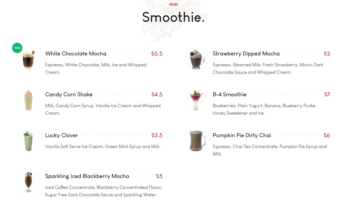 GK blend Smoothie menu section