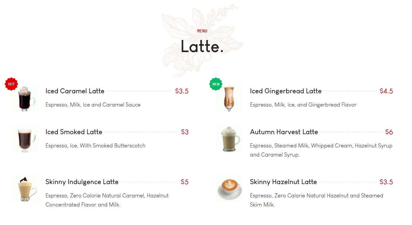GK blend latte menu section