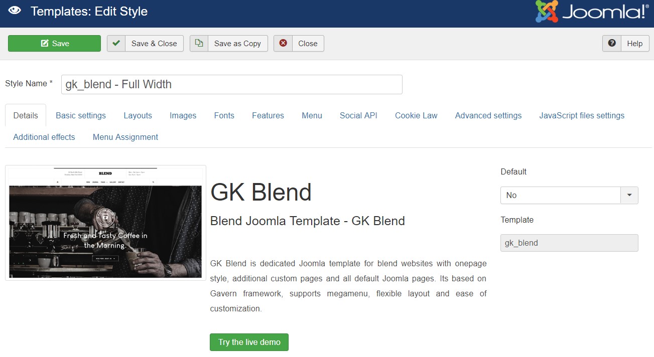 GK Blend template settings