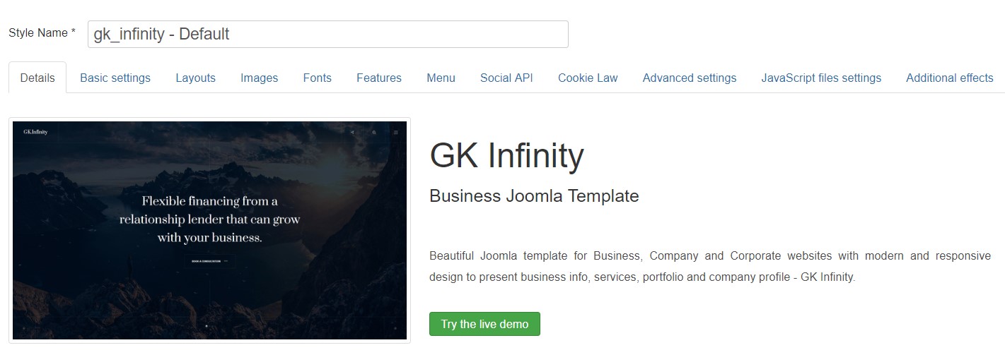 GK Infinity template settings