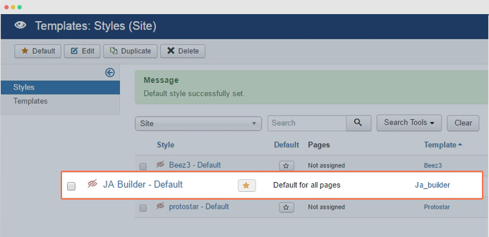 Set JA Builder template as default template style