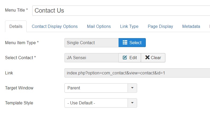 contact menu item in joomla