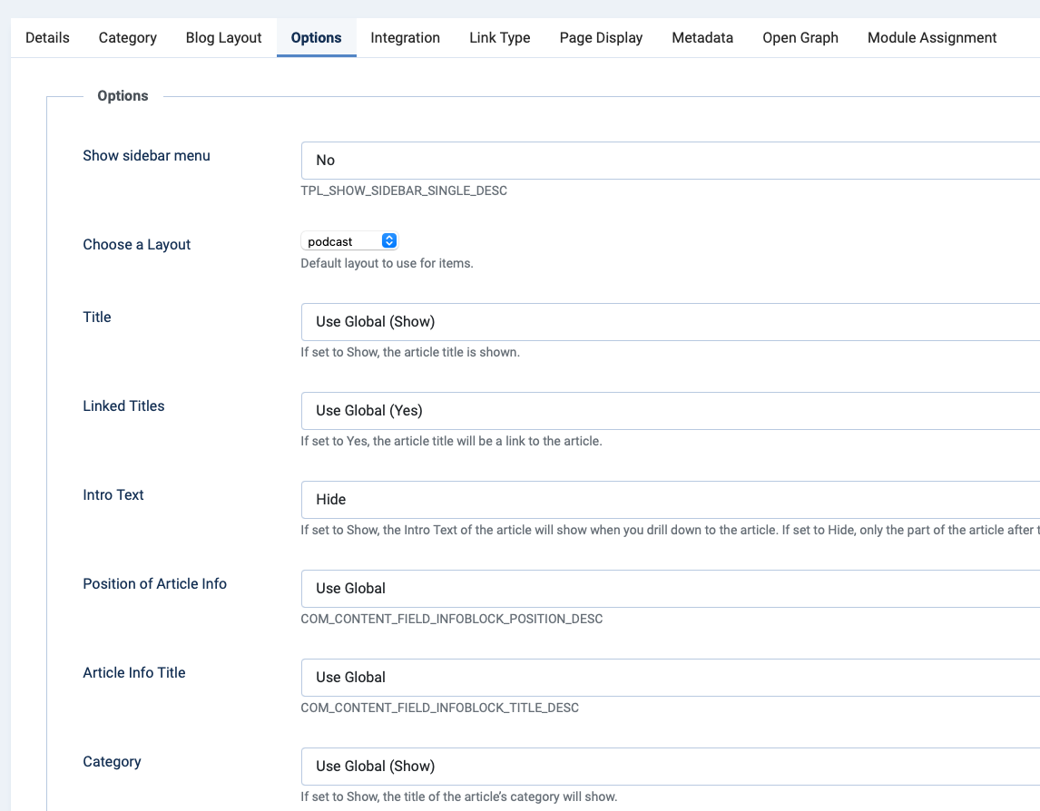 Joomla audio list menu option settings