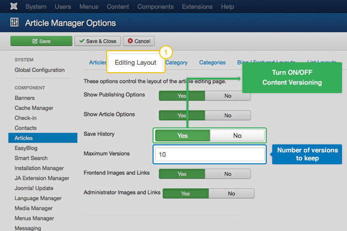 How to enable version control for content in Joomla