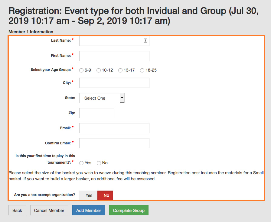 events fields in event registration form
