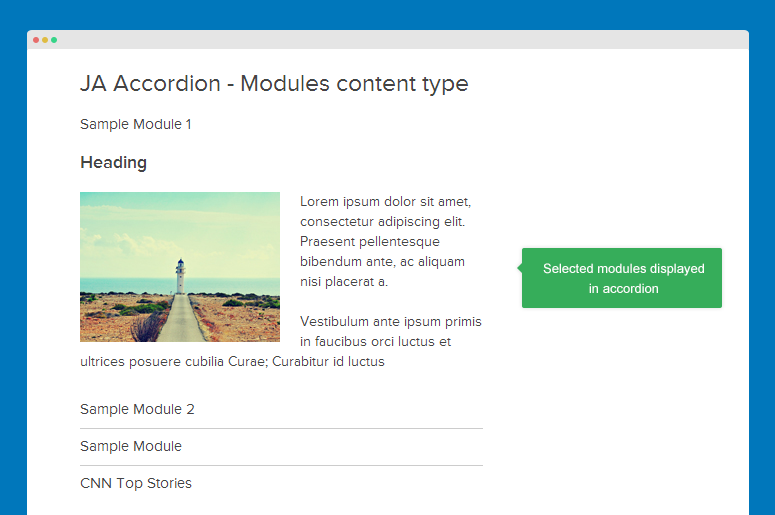 Modules displayed in accordion
