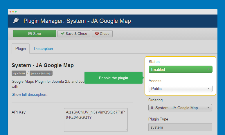 Enable JA Google map plugin
