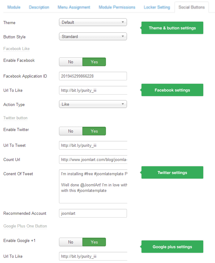 Configure social buttons