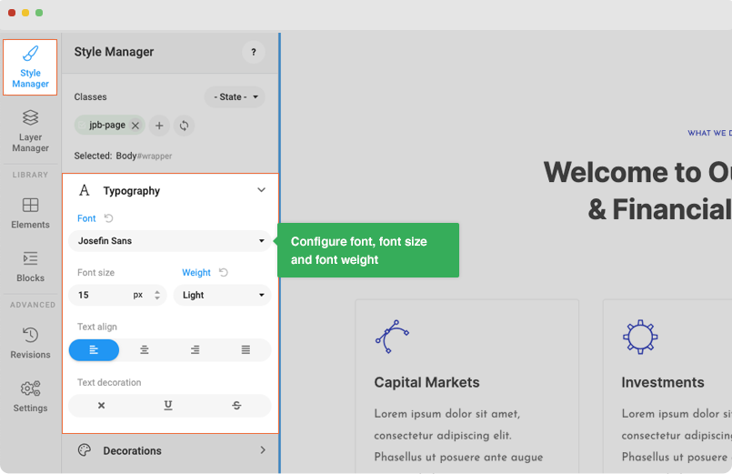 Joomla page builder font settings for page