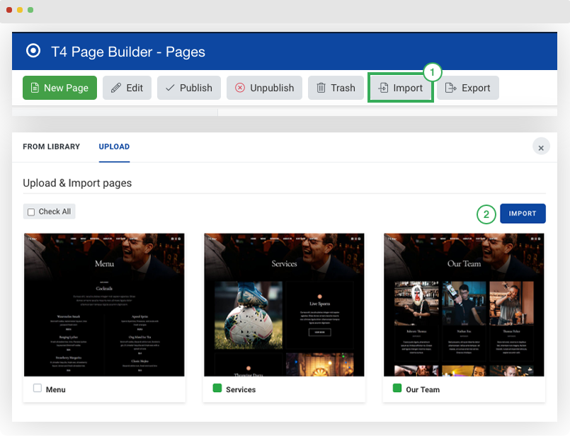 import joomla pages