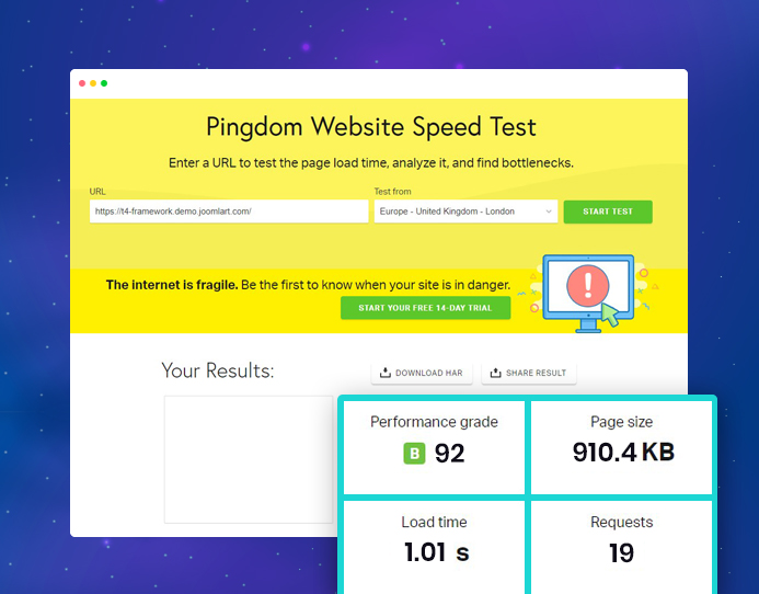 tools pingdom page score with- T4 Framework