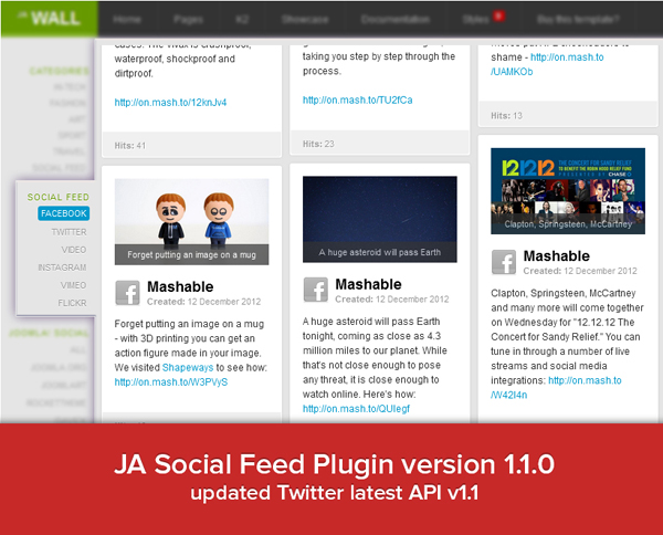 Joomla Extension - JA Social Feed Plugin version 1.1.0 updated Twitter latest API v1.1