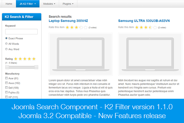 Joomla search component: K2 Filter version 1.1.0 - Joomla 3.2 compatible release