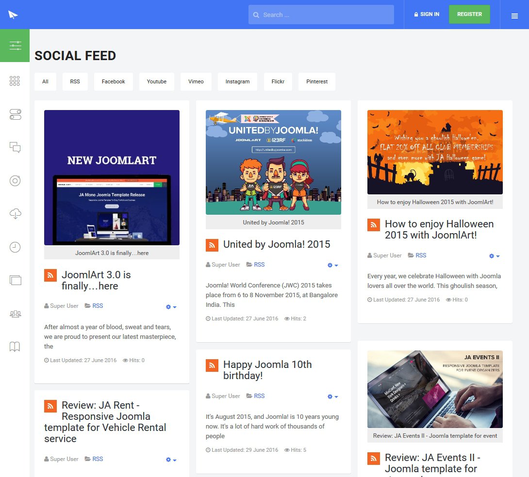 Social feed layout on ja intranet Joomla template