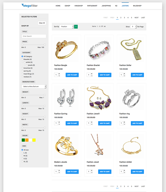 search and filter page for j2store