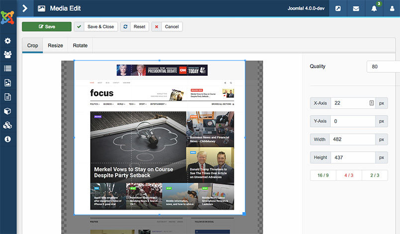 image crop tool in Joomla 4 media manager