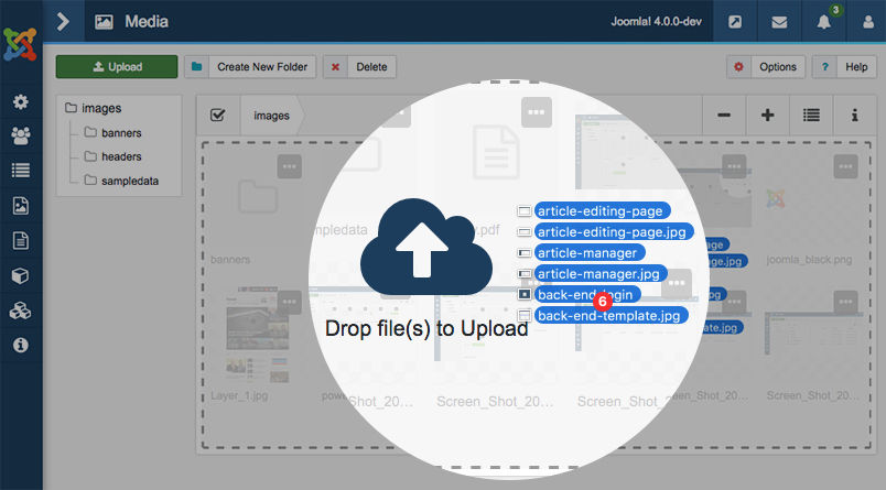 drag and drop media upload in Joomla 4